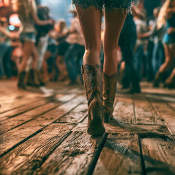 Woman in cowboy boots walking on rustic wooden dance floor at country western bar with people dancing in background