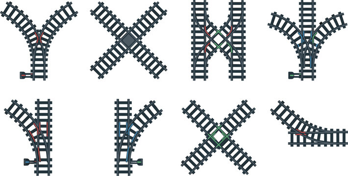Railway Track Switch and Crossing Junction Flat Vector Icon Collection for Rail Transport