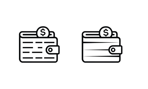 Minimalist wallet with dollar coin icon set, black line art money and cashflow symbol vector illustration