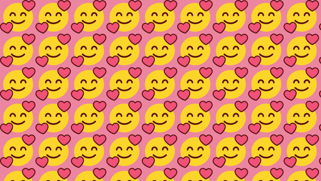 Seamless diagonal pattern of smiling yellow emoji faces with pink hearts on cheerful pink background