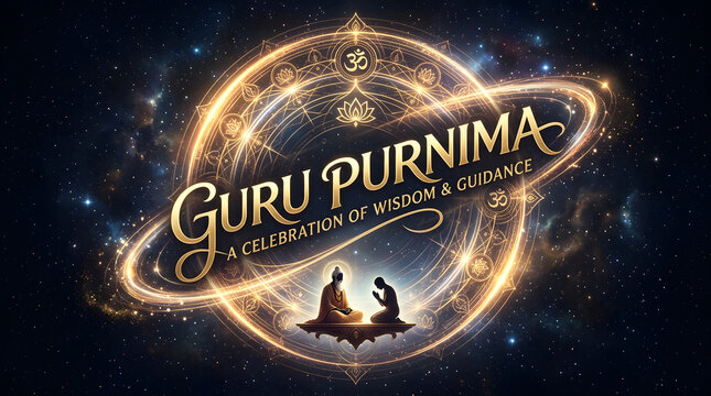 Guru Purnima celebration featuring cosmic Om mandala, lotus, and guru disciple silhouette, symbolizing spiritual enlightenment, divine wisdom, Hindu festival greeting poster design.