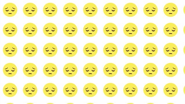 Repeating sad face emoji pattern in rows on white background symbolizing emotion repetition symmetry and decorative vector illustration