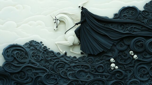 Dark rider on a white steed, traversing a tumultuous sea of swirls and skulls.  
