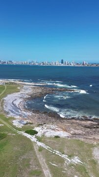 Vertical Aerial 4K Drone Footage Isla Gorriti Punta del Este Uruguay Beach