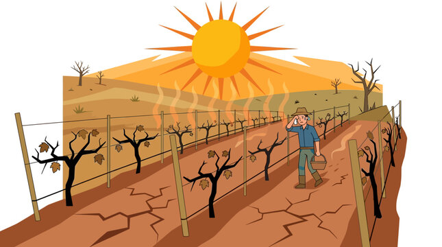 Drought-Stricken Vineyard with Gnarled Vines Under Intense Sunlight and Parched Soil