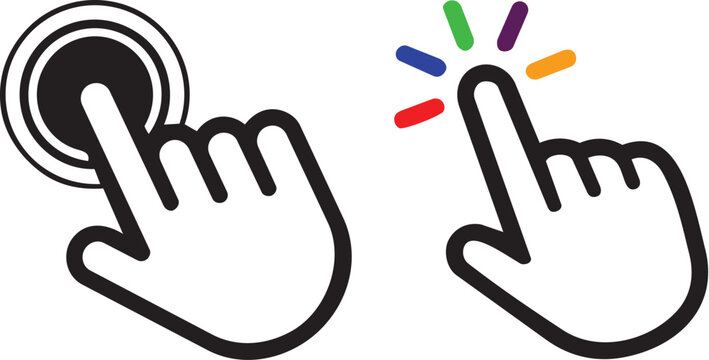 Vector graphic of two hands interacting with a button and a colorful interface element on a white background design