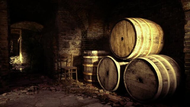 Warm rustic wine cellar with barrels bathed in amber glow, stacked oak casks beside brick arch, soft candle and lamp light, textured floor and vintage corks,