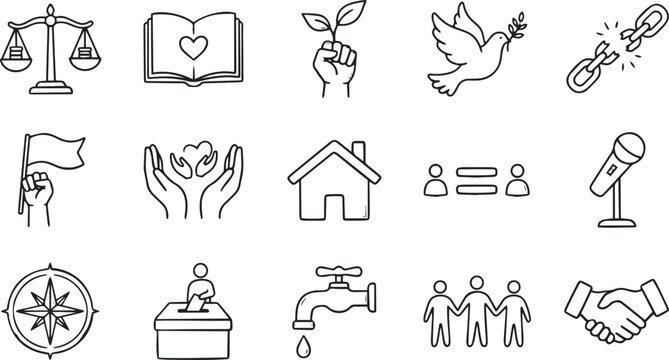 Human Rights Global Justice Peace and Freedom Minimalist Line Art Vector Icon Set 