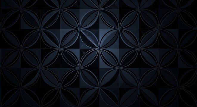 Dark geometric pattern background with circular and diamond shapes in metallic grey tones.