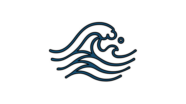 Stylized sea wave vector icon, blue outlined surf illustration with flowing water lines and foam bubble, minimalist scalable symbol for beaches, coastal travel, cruises, resorts, holidays, and maps