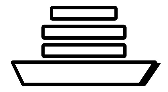 Stacked deck cruise ship vector icon in bold minimalist line style, showing a tourist vessel on calm water for travel planning, sea vacation design, ferry services, port signage, and voyage apps