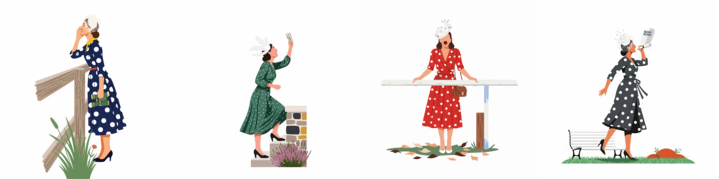 Illustrations of elegant women wearing vintage polka dot dresses and fancy hats while cheering at a formal horse racing event.
