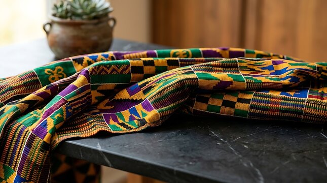 Vibrant traditional kente cloth draped over a dark stone table