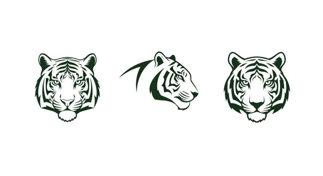 Three stylized tiger head illustrations in black and white.