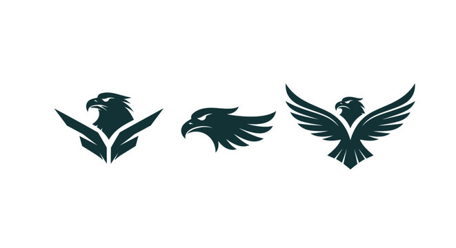 Three stylized eagle logos in dark silhouette design.