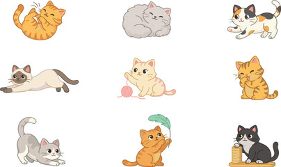 Fototapeta premium Cute Cartoon Cat Vector Character Set with Playful Kittens Sleeping Stretching Scratching and Playing with Yarn for Kids Greeting Cards and Patterns