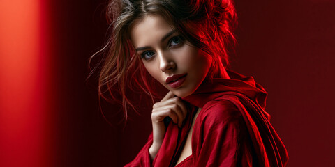 Fototapeta premium young woman in red with curious look, curious young woman portrait, thoughtful young woman looking with curiosity