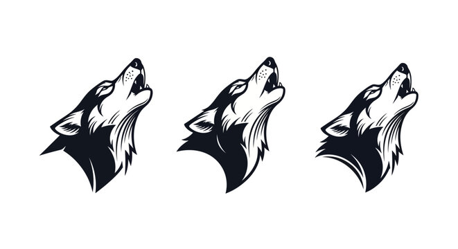 Three howling wolf heads in black and white illustration.