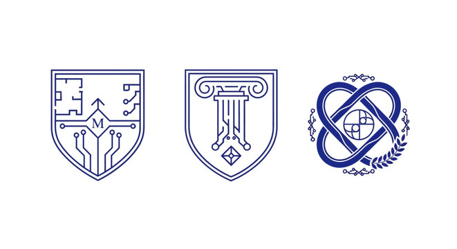 Three ornate heraldic shield and emblem designs in purple.