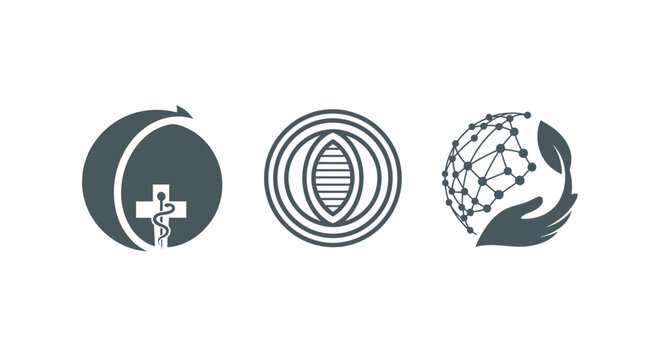 Three circular icons with abstract technology and science designs.