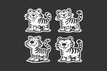 Fototapeta premium Four cute cartoon tigers with friendly expressions and striped patterns are displayed in a clean vector style illustration featuring bold black lines on white surfaces