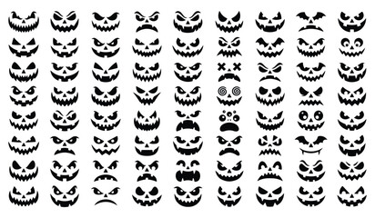 Set of spooky halloween jack o lantern faces and skulls silhouette isolated on transparent background © Sajir