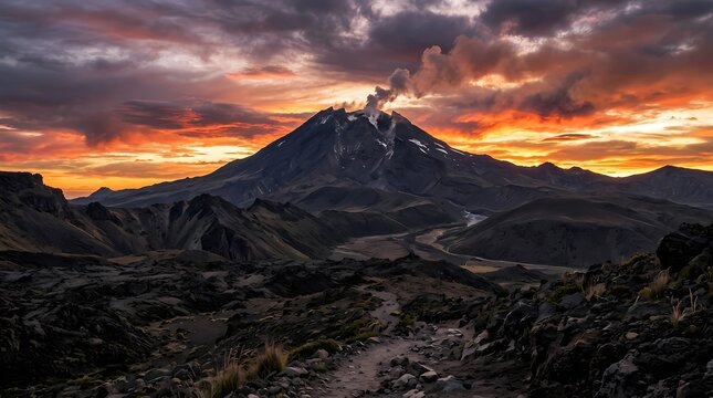 Dramatic Sunset and Sunrise Over Volcanic Mountain Peaks with Clouds in Teide National Park Tenerife Spain Landscape Panorama