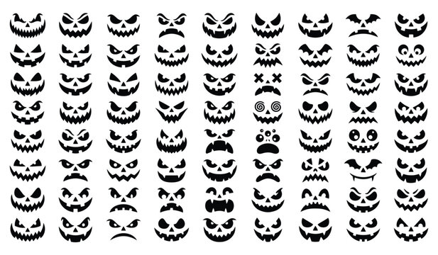Set of spooky halloween jack o lantern faces and skulls silhouette isolated on transparent background