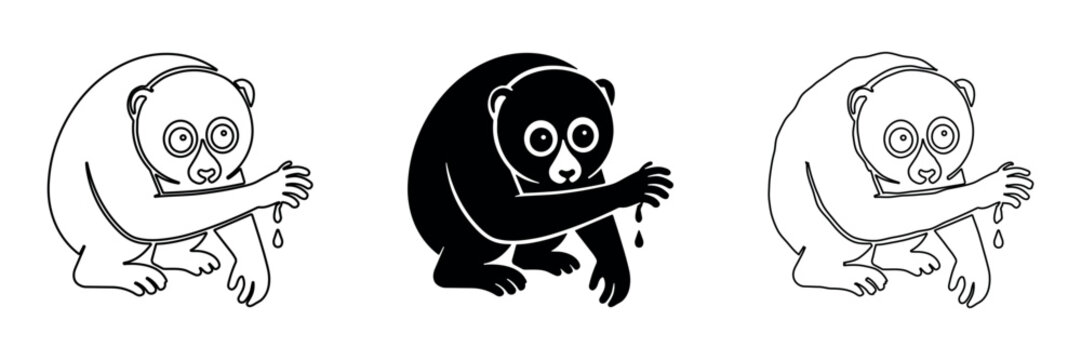 Cute slow loris primate with big eyes in outline and solid styles
