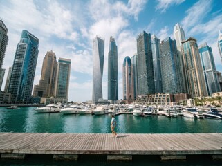 Obraz premium A man walking on a wooden pier in dubai marina with luxury yachts and modern skyscrapers in the background under a blue sky with clouds