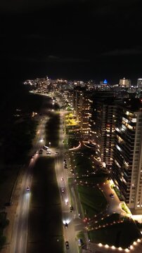 Vertical Aerial 4K Drone Night Footage Punta del Este Uruguay Coastal City Lights