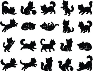 Fototapeta premium Collection of black cat silhouettes in various playful poses against a white background silhouette
