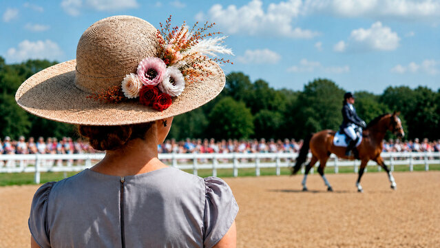 Woman in elegant straw hat watching horse dressage competition. Rear view of female spectator at equestrian event. Summer horse racing fashion concept