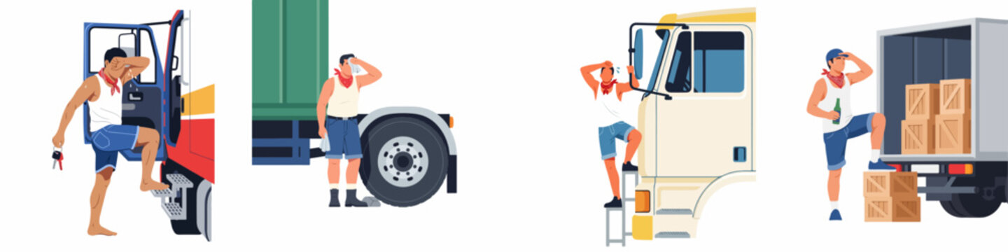 Set of flat vector illustrations depicting a tired truck driver working in hot summer weather, wiping sweat and managing cargo deliveries.