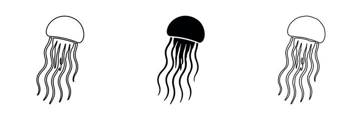Set of three jellyfish icons in outline, solid, and hand-drawn styles © Ophelia