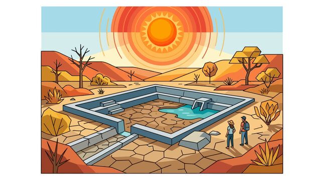 Ancient archaeological excavation revealing a well-preserved structure in a desert landscape with two investigators observing
