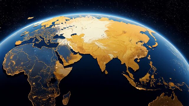 Abstract artistic world map with flowing blue and golden paint textures representing global connection Concept of international unity