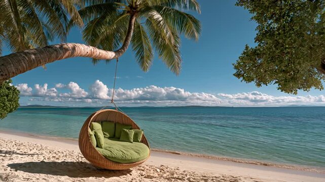 Luxury hanging chair beneath tropical palm trees on white sandy beach with turquoise ocean under sunny sky Atmosphere of tropical relaxation