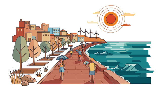 Serene seaside promenade with families enjoying sunny weather, walking along a coastal path lined with trees and urban buildings