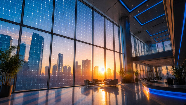 A spacious modern lobby features towering transparent solar glass windows, framing a dramatic sunset over a city skyline while capturing clean renewable energy.
