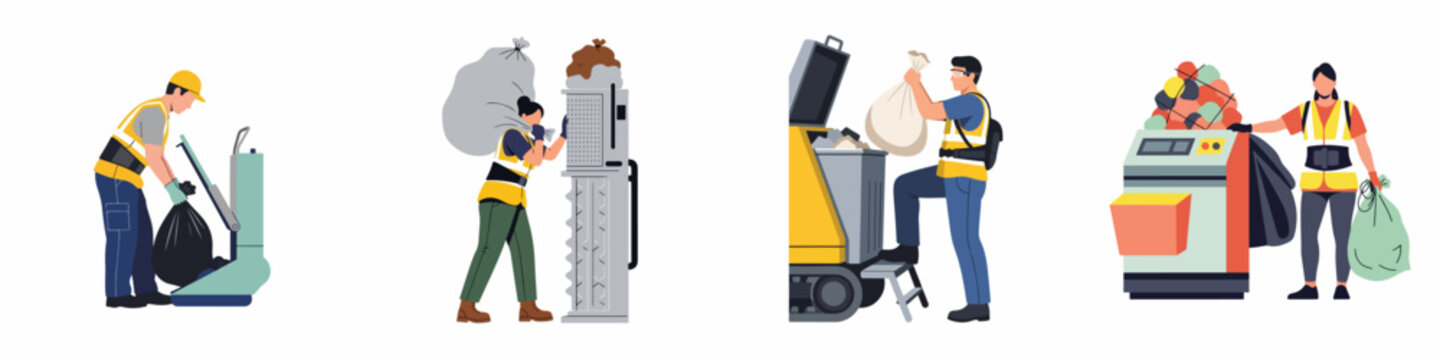 Set of waste management and sanitation workers operating recycling and disposal machinery in high-visibility uniforms, isolated on white background.