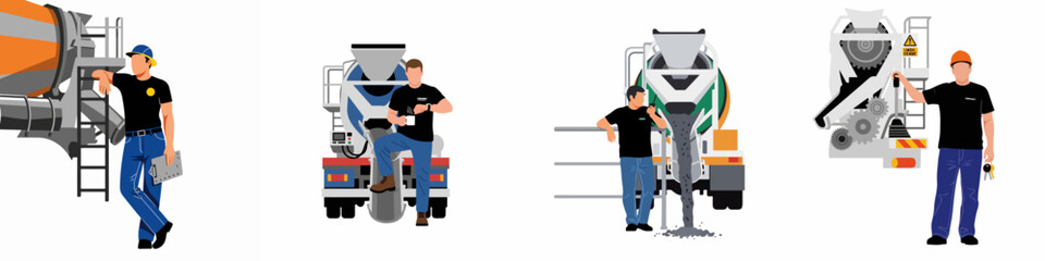 Fototapeta premium Set of Flat Vector Illustrations Featuring Construction Workers and Concrete Mixer Trucks in Various Work Scenarios on a White Background