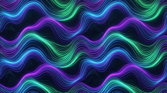 Futuristic Neon Glowing Wave Lines Seamless Pattern with Blue and Purple Light