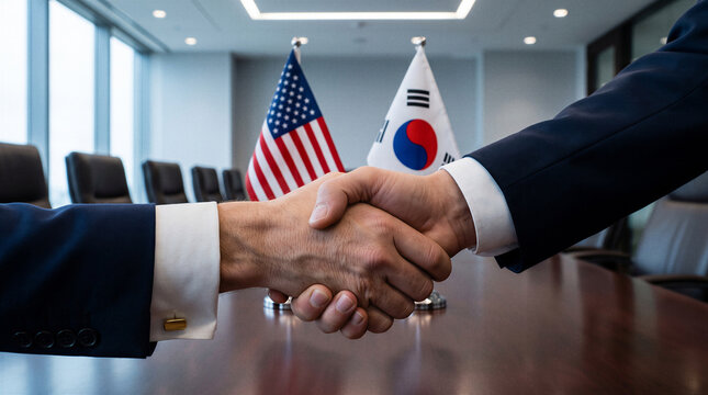 US South Korea Relations, Strategic Partnership, Diplomatic Handshake, Generative AI business meeting representing bilateral cooperation international trade economic collaboration and foreign relation