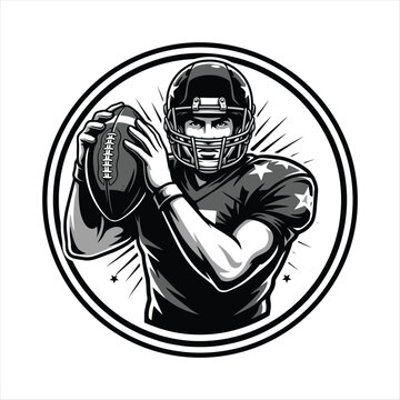 American football player quarterback vector logo, black and white sports emblem design