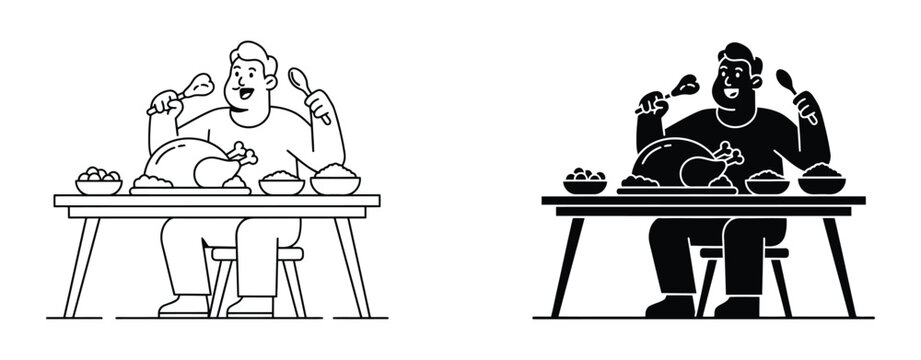Overeating icon set gluttony feast person eating roast chicken unhealthy lifestyle food excess vector illustration for nutrition and health concept