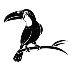 Fototapeta premium Bold toucan illustration perches on tree branch. Iconic tropical bird design captures striking profile, showcasing toucan characteristics.