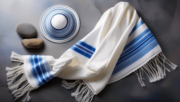 Tzom Gedaliah A Minimalist Composition Of A White Tallit With Blue Stripes And A Traditional Kippah Placed On A Stone Surface