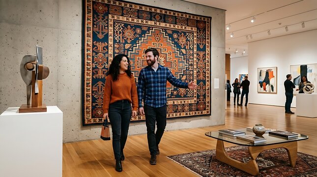 Couple walking and discussing artwork in a modern museum gallery