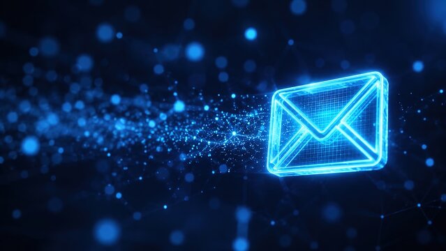 A vibrant futuristic blue email symbol illuminated by light trails and digital particles showcasing the essence of communication technology and the idea of transmitting messages in today's digital lan